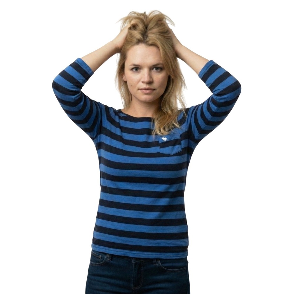 Abercrombie & Fitch Striped Top Womens XS Blue Navy 3/4 Sleeve Pocket Boat Neck